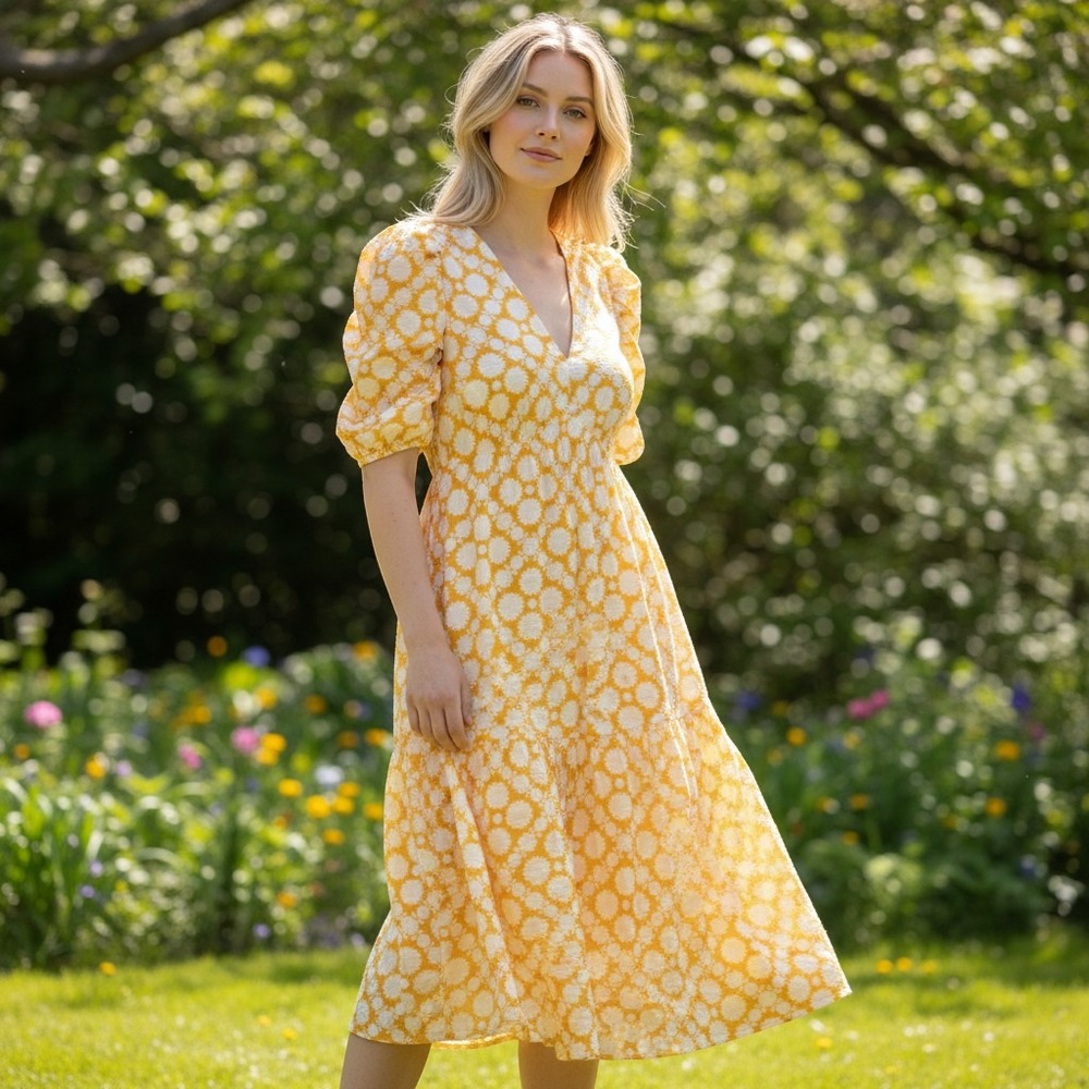NEW Time and Tru Midi Dress Women's XS Saffron Gold Dot Tile Floral Puff Sleeve